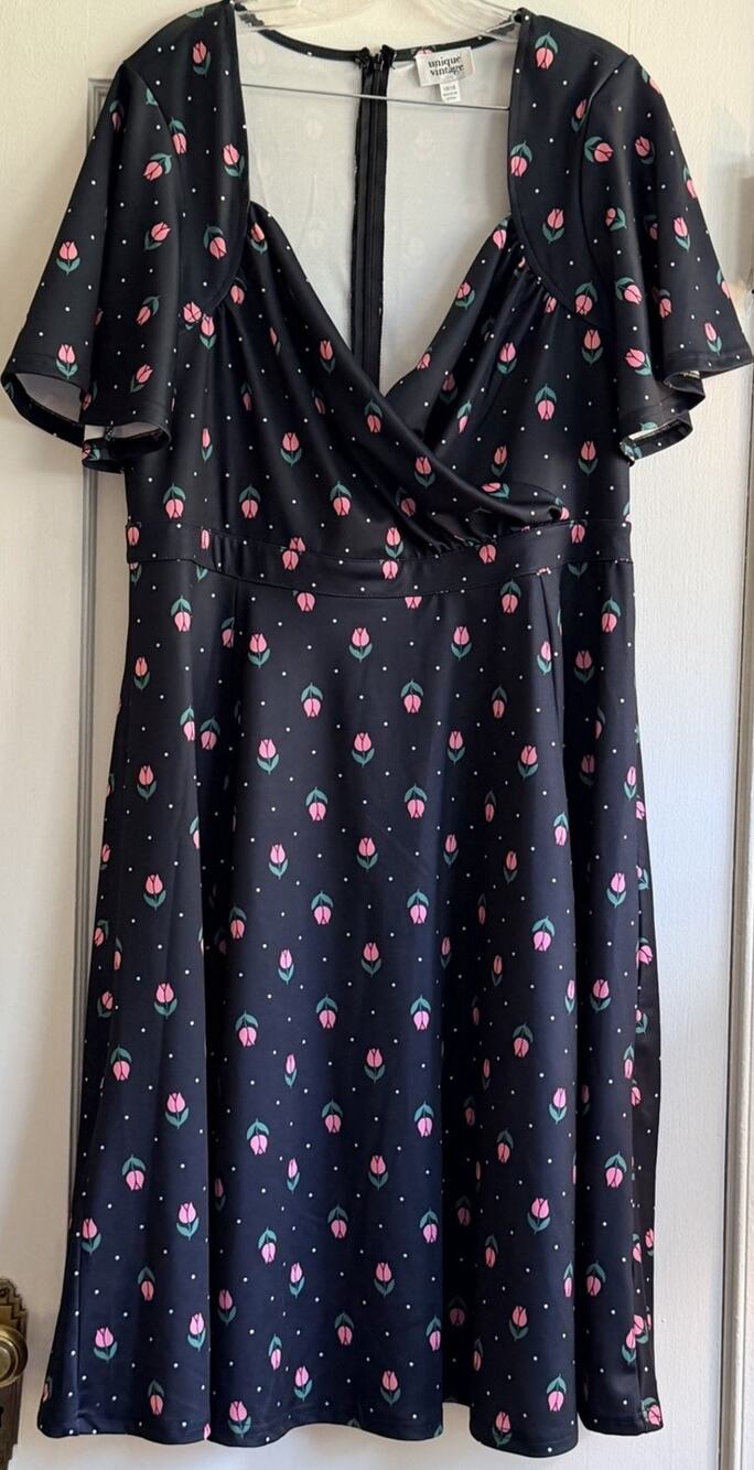 Unique Vintage Dress Black w/ Pink Tulips & White Polka Dot NWT Sz 1X